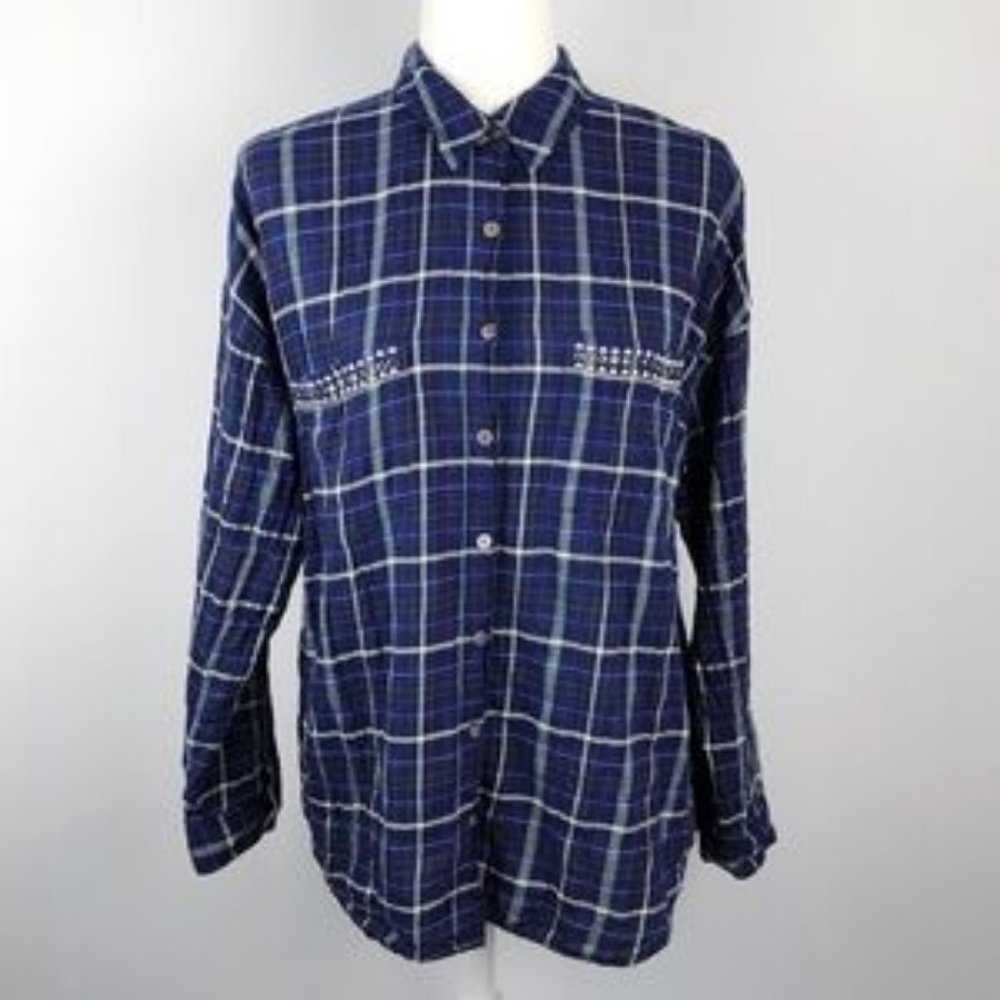 Two by Vince Camuto Plaid Embellished Long Sleeve Button Up Size Medium